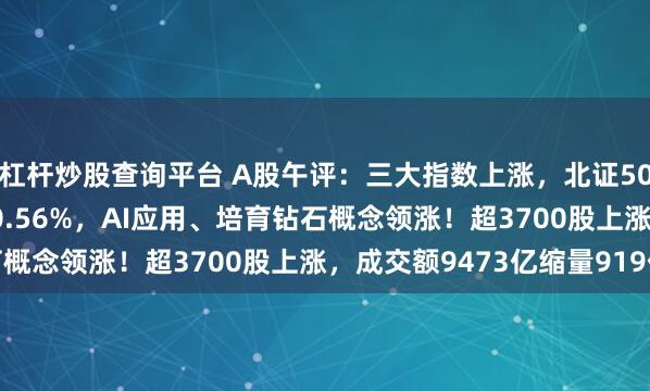 杠杆炒股查询平台 A股午评:三大指数上涨,北证50涨1.37%创业板指涨0.56%,AI应用、培育钻石概念领涨!超3700股上涨,成交额9473亿缩量919亿